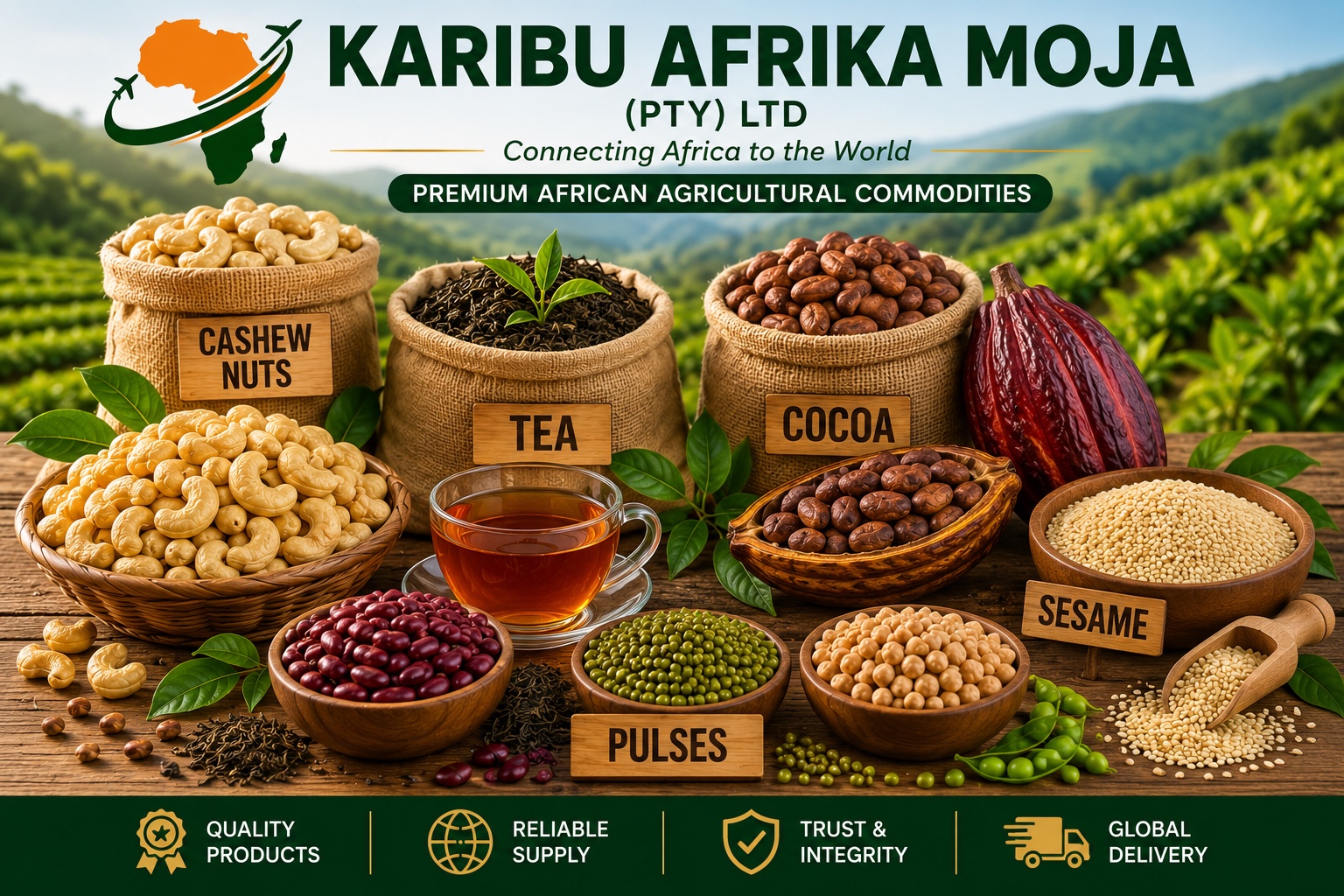 Premium African agricultural commodities — cashew, tea, cocoa, pulses, sesame